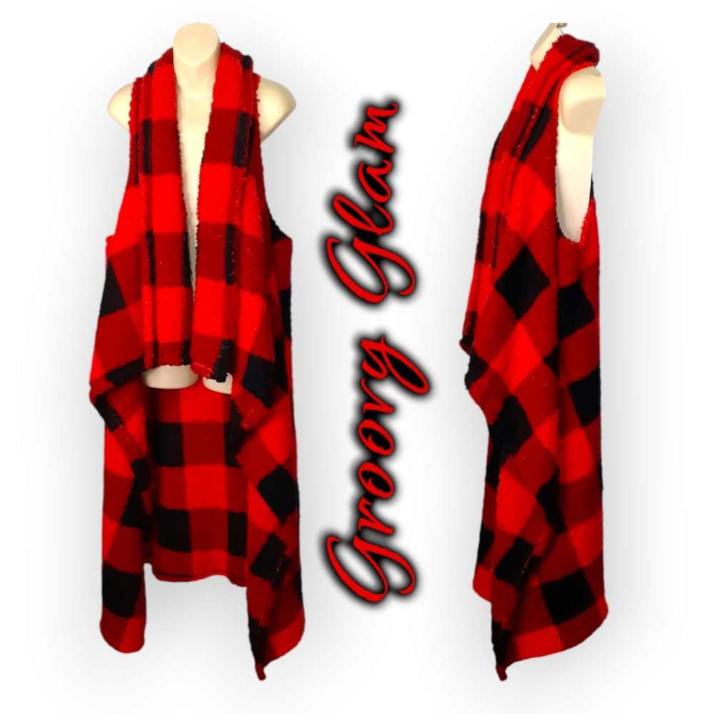 GROOVY GLAM Red and Black Buffalo Plaid Sherpa Ankle Length Vest Faux Shearling